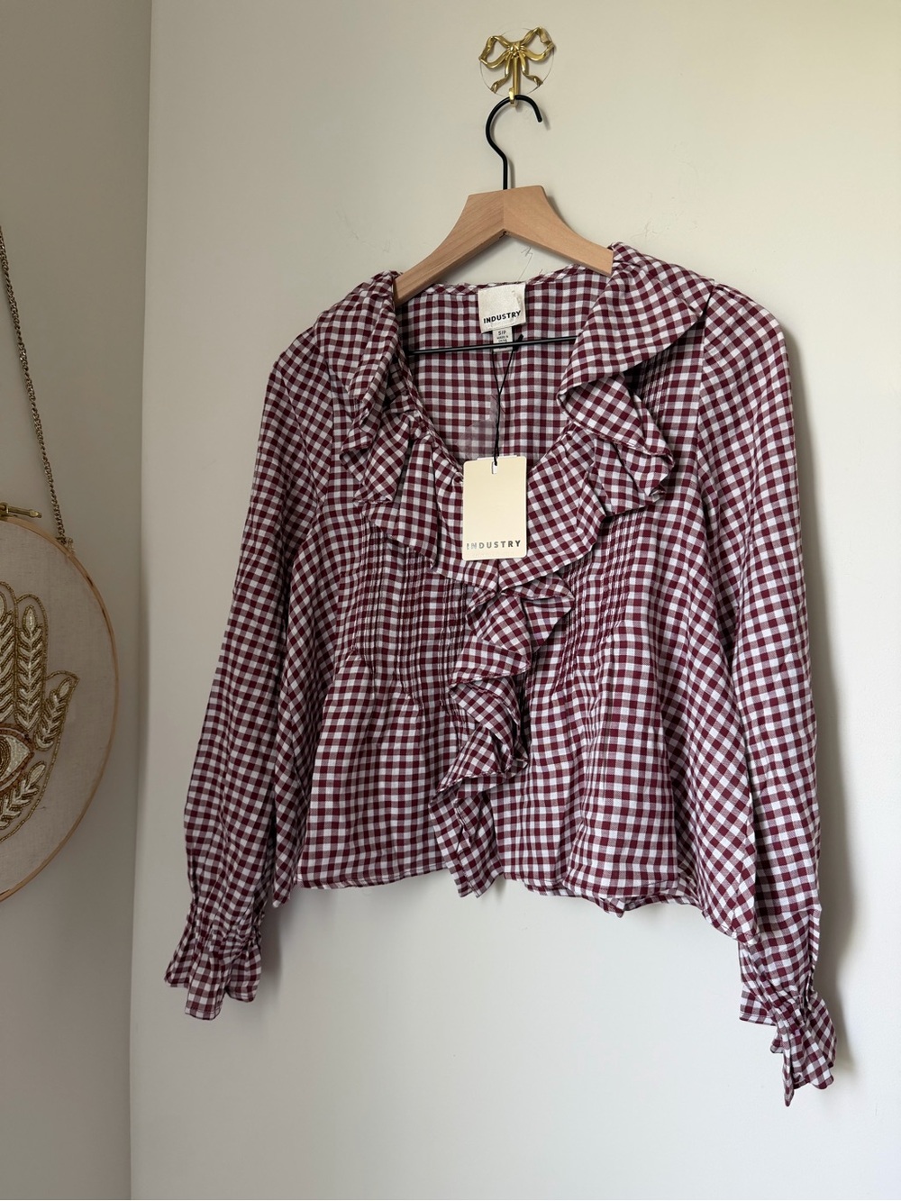 Burgundy Gingham plaid Ruffle front long sleeve cotton Blouse